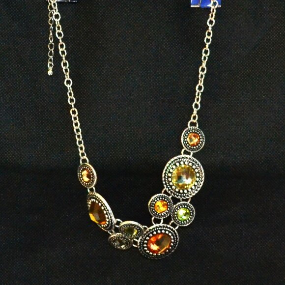 Fossil Necklace Silver Tone Multi Color Cabochons Boho Design Costume Jewelry - Picture 1 of 6